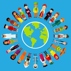 Vector illustration of multicultural national children, people on planet earth.
Set of international people in traditional costumes around the world.