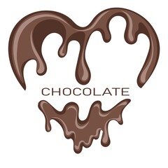 Chocolate splash heart. Melted chocolate syrup on white background. Liquid chocolate on a white background. Hand drawn Vector illustration.