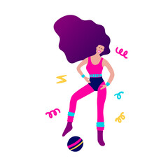 Fototapeta na wymiar 80s girl doing aerobic exercise, woman vector cartoon party character. 