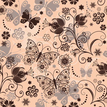 Seamless spring pattern with lace butterflies on a brown background. Vector eps 10