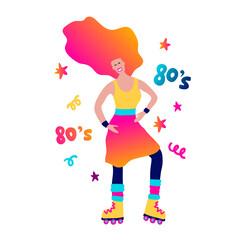 80s girl with rollerskates vector cartoon party character. Vector woman illustration