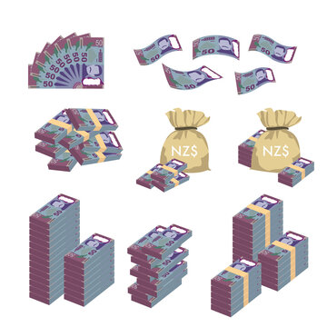 New Zealand Dollar Vector Illustration. Huge Packs Of New Zealand Money Set Bundle Banknotes. Bundle With Cash Bills. Deposit, Wealth, Accumulation And Inheritance. Falling Money 50 NZD