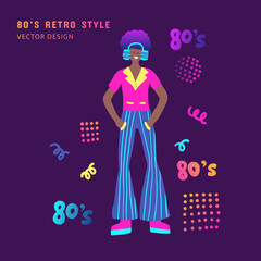 80s boy headphones vector cartoon music party character. Vector illustration