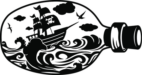 Ship In A Bottle vector, Sailing Ship Bottle vector, Ship Silhouette, Boat, Water