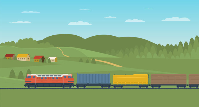 Freight train in the background of a rural landscape. Vector illustration.