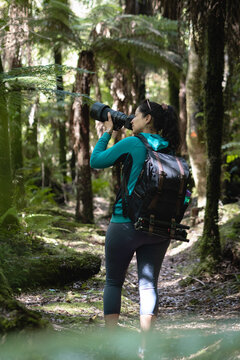 Woman exploring the forest taking photos among the trees with big lens. Vertical photography