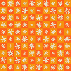 Seamless pattern with flowers on check background. In 70s 60s hippie style