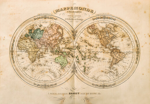 Antique world map. Old vintage paper background