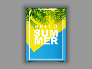 Hello summer. Yellow background with palm branch. Vector graphics.