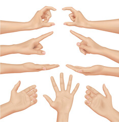 Set of Woman Hands on white background, realistic vector illustration