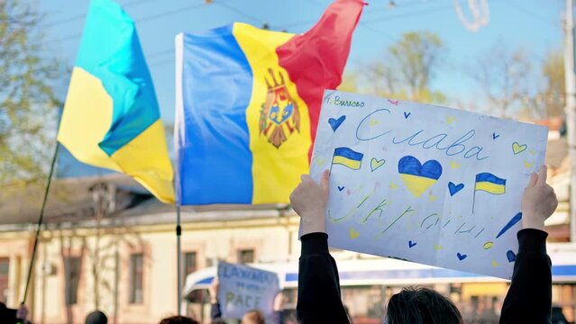 Protests against the Russian invasion of Ukraine in Chisinau, Moldova. A lot of people with Ukrainian flags and posters