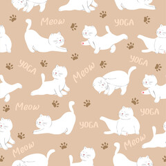 Cartoon seamless pattern of cats in yoga pose