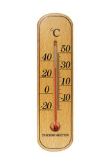 Old wooden thermometer on white isolated background