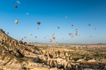 hot air balloons in the morning sky above Cappadocia