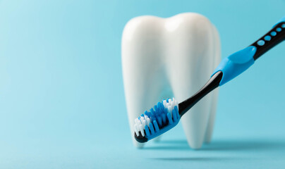 Fototapeta na wymiar Cleaning model of a white tooth with a toothbrush on a blue background. The concept of dental hygiene. Prevention of plaque and gum disease.Prevention of caries.MOCKUP