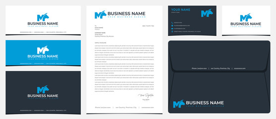 M Horse logo with stationery, business cards and social media banner designs