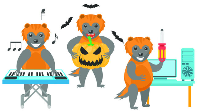 Set Abstract Collection Flat Cartoon Different Animal Wolverines Fixing A Computer, Stands With A Pumpkin And Bats Around, Plays The Synthesizer Vector Design Style Elements Fauna Wildlife