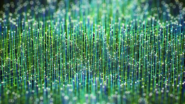 Futuristic green blue glowing particles big data digital technology analyzing software networking