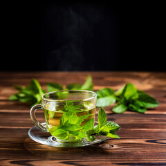 Cup of mint tea and a bunch of mint on the table