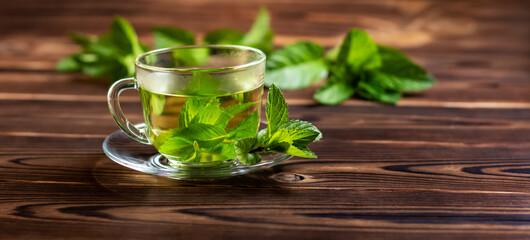 Cup of mint tea and a bunch of mint on the table