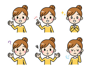 若い女性の表情セット A　主婦　お母さん　イラスト　素材