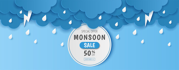 Paper cut of monsoon sale offer banner template with clouds, rain drop and  lightning on blue background. Vector illustration - obrazy, fototapety, plakaty