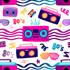 Fototapeta premium Tape recorder radio seamless pattern 80s illustration. Vector music party design