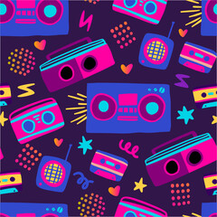 Tape recorder radio seamless pattern 80s illustration. Vector music party design