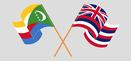 Crossed and waving flags of Comoros and The State Of Hawaii