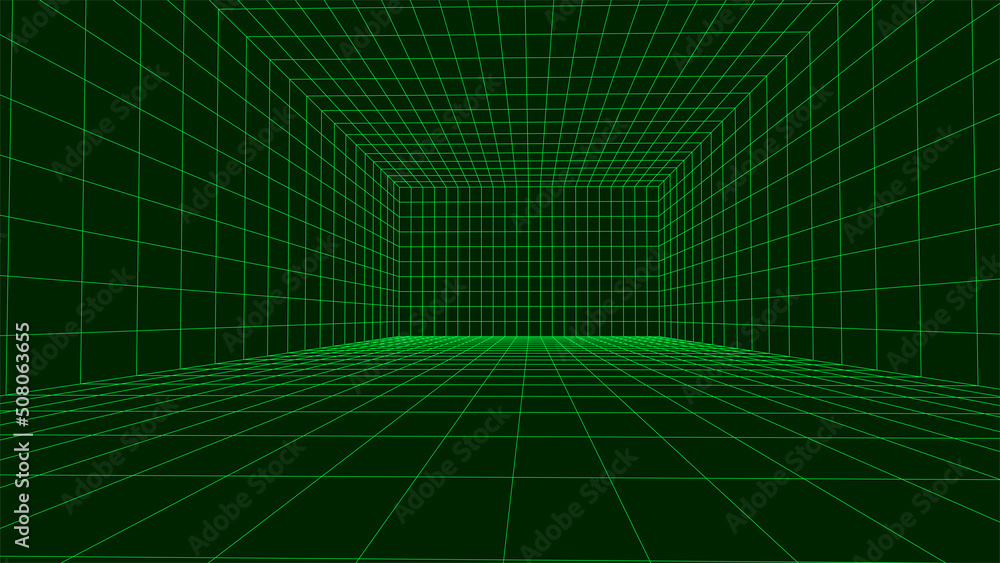 Poster empty futuristic 3d wireframe room. vector perspective grid. cyberspace background. box with digital