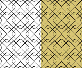 Geometrical check square grid, black abstract monochrome seamless pattern, wavy doodle paint brush line ornament. White, yellow easy editable color background. Vector