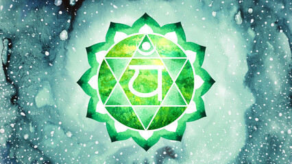 Anahata Heart Chakra green color logo symbol icon reiki mind spiritual health healing holistic energy lotus mandala watercolor painting art illustration design universe background