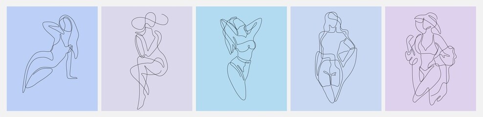 Set of elegant poster with abstract linear woman. Minimalistic female figure and face. Vector concept art of femininity and beauty in a trendy linear style for logo wall art or beauty salon. Vector