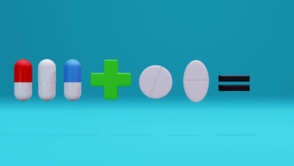 3d illustration of isolated medicine pills tablets capsules and green health icon forming a math equation problem solving concept