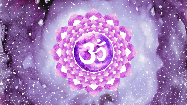 Sahasrara Crown Chakra violet purple or white color logo symbol icon reiki mind spiritual health healing holistic energy lotus mandala watercolor painting art illustration design universe background
