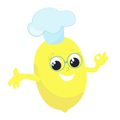 Lemon in a chef's hat in cartoon style. Character design for baby products, icons, textiles, kitchen textiles and inventory. Cheerful and happy fruit isolated on white background.
