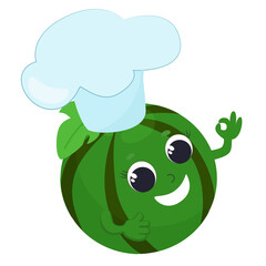 Cute watermelon smiles in a chef's hat. The berry has a face, eyes, hands and is happy. Character design in cartoon style isolated on white background for kitchen textile.