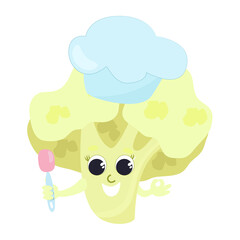 Funny cauliflower is holding a kitchen spatula and wearing a chef's hat. Cartoon style character design for icons or baby products isolated on white background.