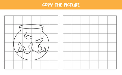 Copy the picture of black and white aquarium. Logical game for kids.