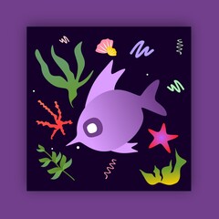 Marine theme.Purple round fish swims with shells, algae, starfish and corals. Dark purple background.