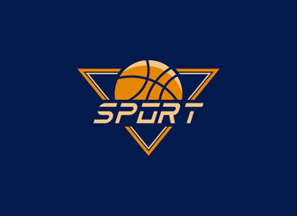 Basket Logo. Geometric Shape Basketball with Triangle Isolated on Blue Background. Usable for Sport, Emblem, Team, Business and Branding Logos. Flat Vector Design Template Element