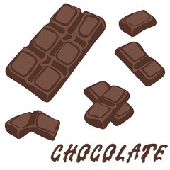 Chocolate bar and pieces on a white background. Sweet foods. Hand drawn Vector illustration.