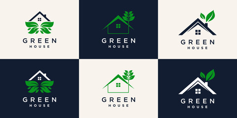 Set of green house logo design with creative concept Premium Vector