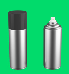 Blank silver spray can isolated on white background, Aerosol Spray Can , Metal Bottle Can with green label. 3d rendering