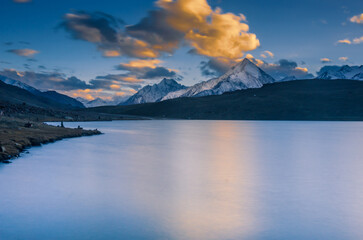 Beautiful Chandratal lake and mountains at sunset in Spiti, Himachal, India