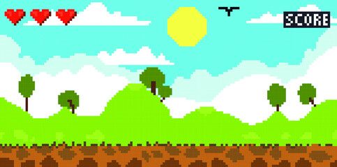 Landscape natural pixelated game background vector illustration.
