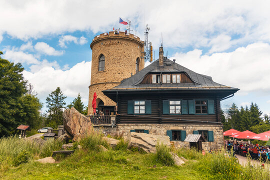Josefs lookout tower and Terezas cottage at Mount Klet in Blansky forest in summer. South Bohemian Region, Czech Republic.