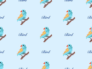 Bird cartoon character seamless pattern on blue background. Pixel style.