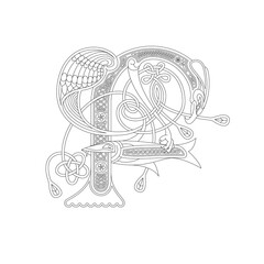 Line Drawing of a Medieval Initial Letter F combining animal body parts from an Eagle and a Fish with endless Celtic knot ornaments