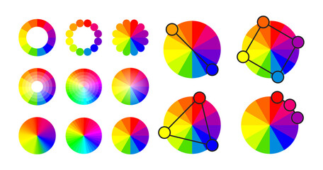 Color wheel set. Rgb circle primary, secondary and complementary palette collection. Colour swatch pattern.